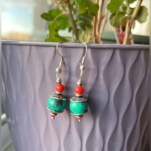 Boho Turquoise & Coral Dangling Ear Ring